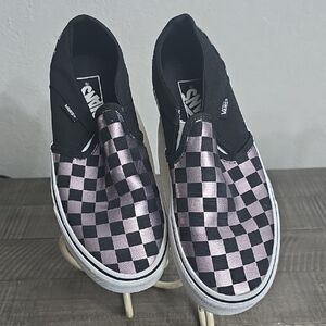 Vans Black and Metallic Lavendar Checkered Slip-Ons